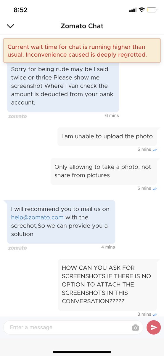wheetard's tweet photo. @zomatocare Your stupid fucking customer service rep is asking for screenshots when your platform doesn’t support the option. https://t.co/XOEQbF6Aar