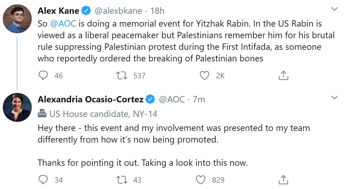 If  @AOC can't even do an event with *Peace Now* remembering Yitzhak Rabin, the general turned peacemaker killed by a far-right extremist for trying to make peace with the Palestinians, it suggests caring more about Twitter than good real world outcomes. Hope that's not the case.