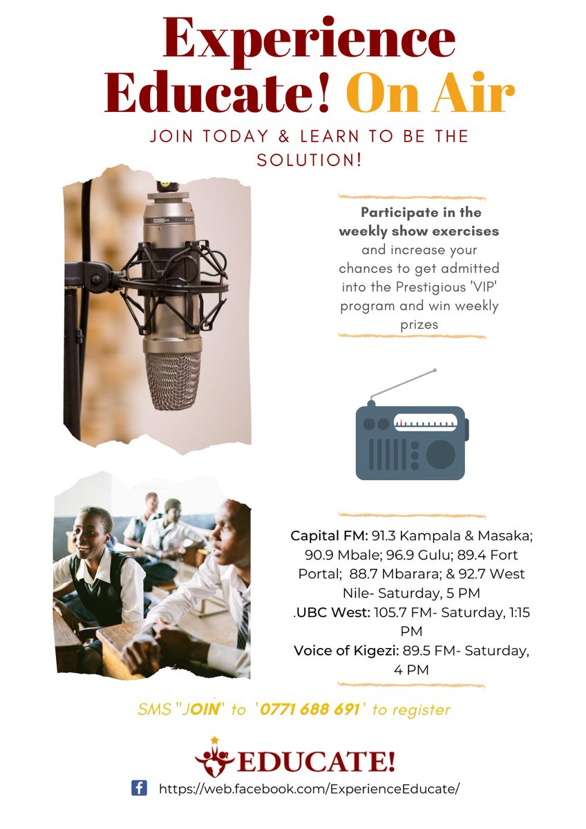 bfb_fred's tweet image. #Educate! #Experience on #Air is back this weekend
Just #TuneIn to;
#91.3 Capital Fm Saturday 5Pm, Kampala/Masaka 91.3, Mbale 90.9, Gulu 96.9, Fortportal 89.4, Mbarara 88.7 and West Nile 92.7
#Voice of Kigezi 89.5Fm- Saturday 4pm
#UBC West 105.7 Fm Saturday 1:15 Pm