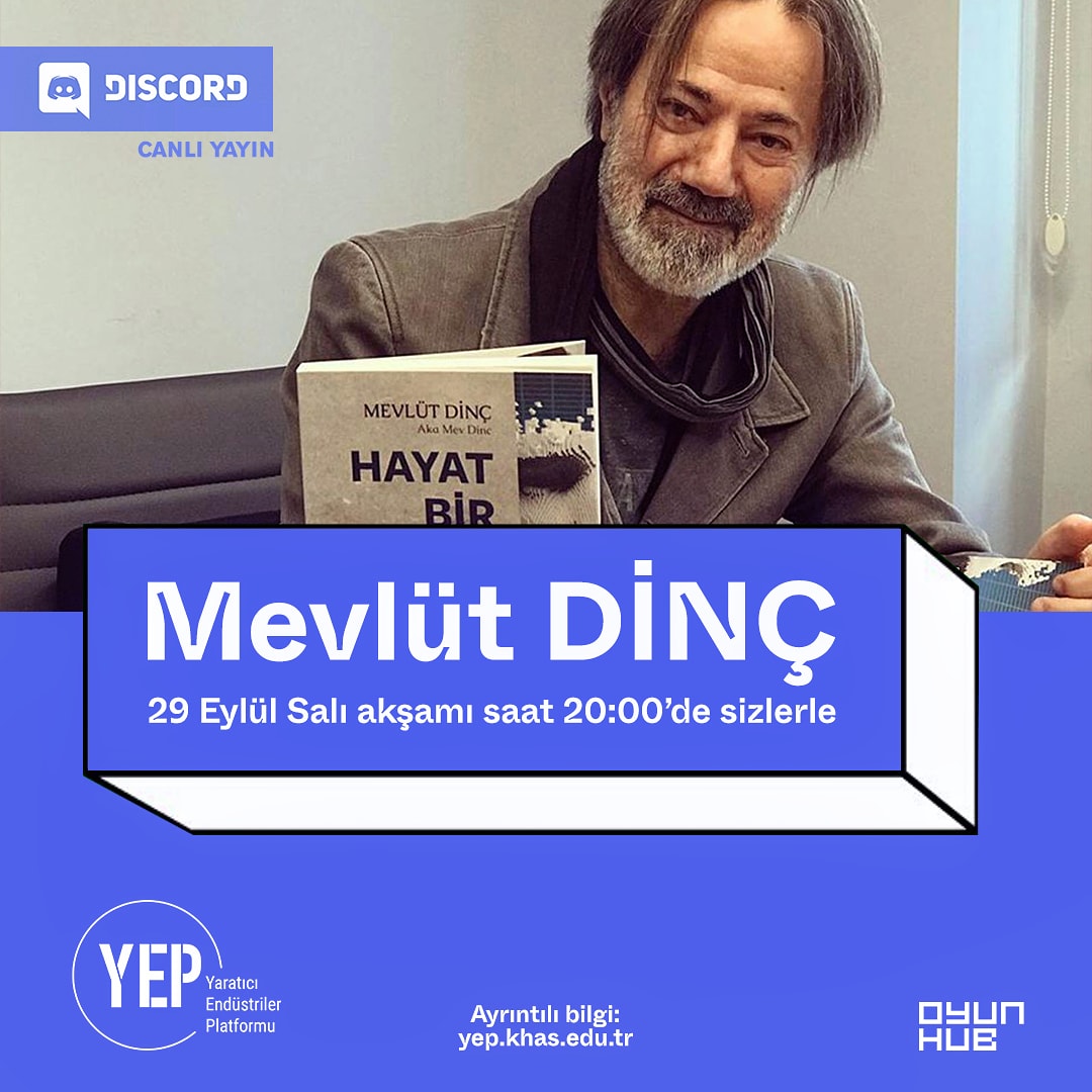 Yaratıcı Endüstriler Platformu bünyesindeki Oyun Hub Türkiye’de dijital oyun geliştirme ve tasarımın öncü isimlerinden Mevlüt Dinç’i 29 Eylül Salı akşamı saat 20:00’de  konuk ediyor. Aşağıdaki Discord linki  üzerinden katılım sağlayabilirsiniz. 
discord.gg/ZyDYPJd