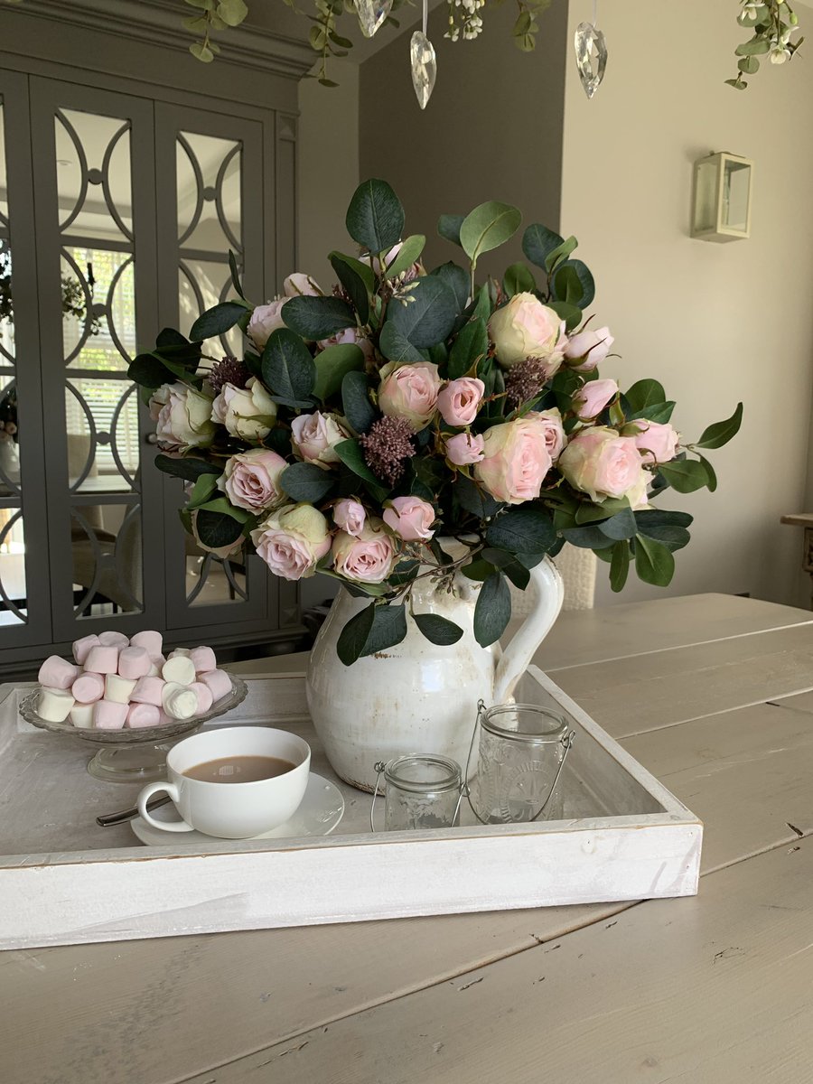 Another arrangement from our new range is this beautiful display of vintage pink roses and eucalyptus in a cream jug. I love the way the roses look as though they've just been picked from the garden to create a really fresh look that will last for years.  

#silkflowers #flowers