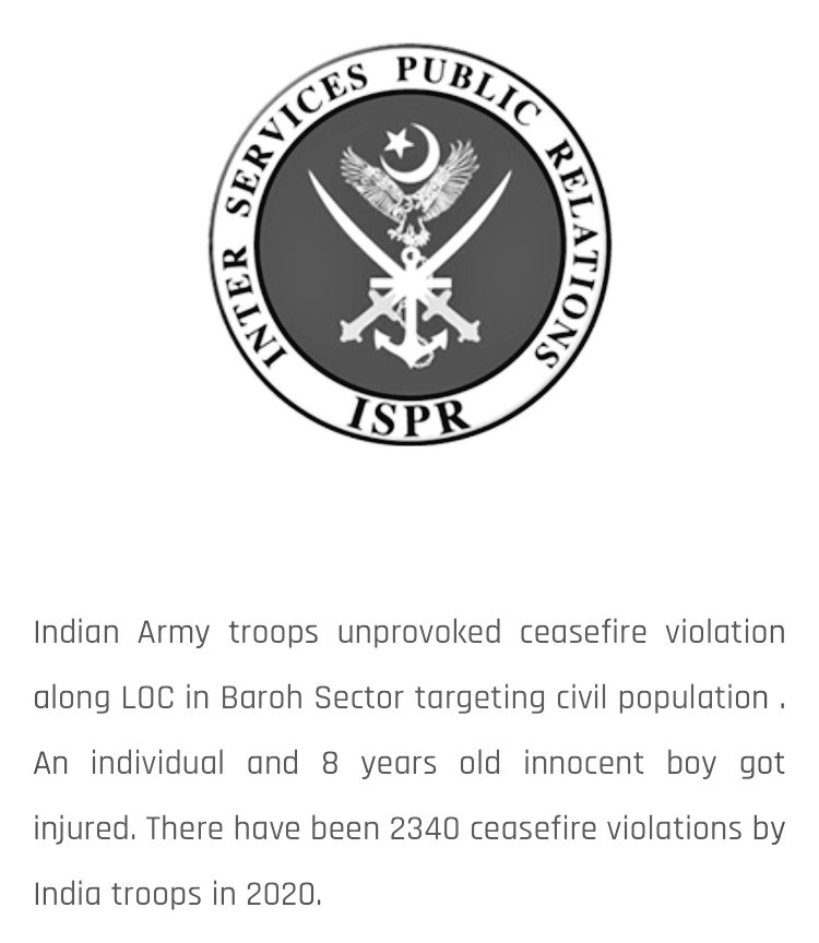 GHaZ_NAwE77's tweet photo. #Indian firing along the #LoC left an 8year old boy & individual injured
#IndianArmy troops unprovoked ceasefire violation along #LoC in #Baroh Sector civil population
#Indian troops have committed ceasefire violations at least 2,340 times in 2020
#DGISPR @OfficialDGISPR #ISPR https://t.co/ULm5CTo9ZW