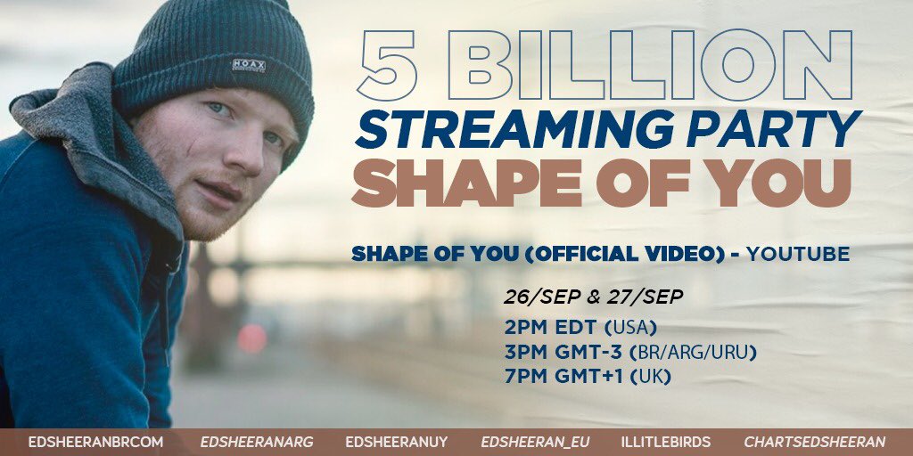 EdSheeranUY's tweet photo. ¡El videoclip de Shape Of You está cerca de las 5 billones de reproducciones en Youtube!

Nos unimos junto a 5 fanclubs más de Ed para hacer una Streaming Party este sábado (26) y domingo (27) a las 3pm de Uruguay

¿Quién nos acompañará?
#STREAMSHAPEOFYOU https://t.co/rpm2YnJTkP