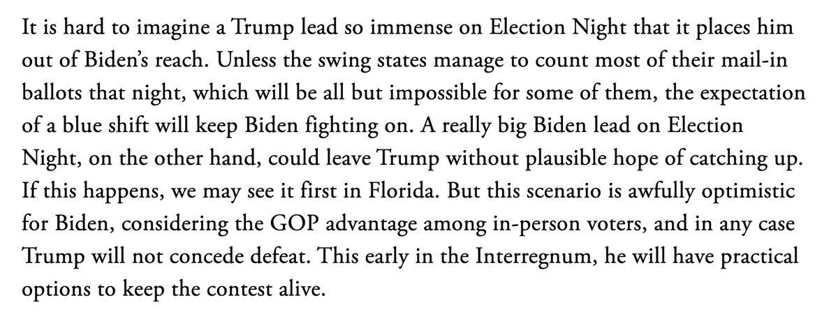 But Gellman argues that in Florida, Trump's advantage with in-person voting will make it possible for HIM to declare victory that night. But that's wrong. The first returns from FL will be early voting ballots, WHICH WILL LIKELY FAVOR BIDEN.