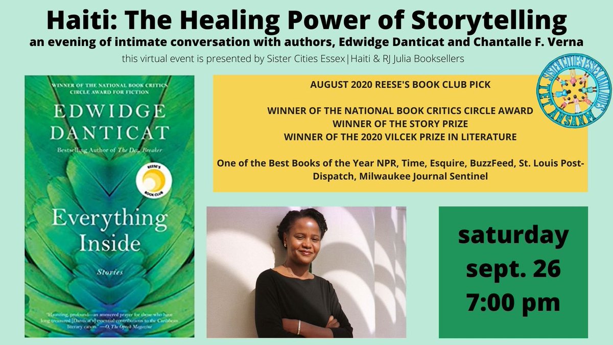 HaitiLibrary's tweet image. Sat, Sept 26, 7-8pm EST Register @rjjulia Haiti Healing Power of Storytelling w/Edwidge Danticat &amp;amp; @CFVerna @HaitianTimes_ @cunyhsi @RutgersUPress @DukePress @nytimesbooks @hellosunshine @ReeseW @Oprah @OWNTV @oprahmagazine @penguinrandom @nprfreshair @nprbooks @SisterCitiesInt
