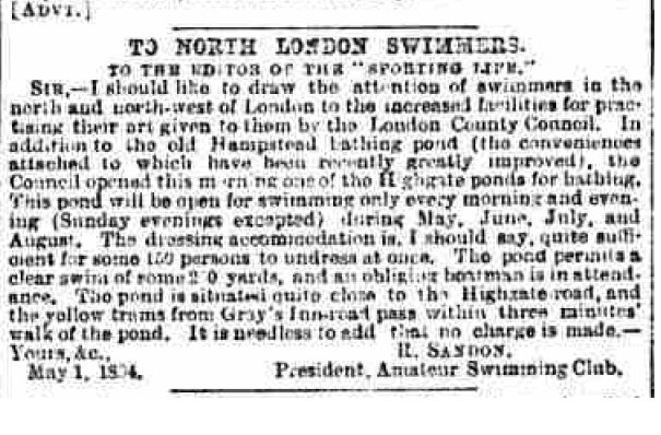 saveourponds's tweet photo. When writing to Sporting Life about the Hampstead bathing ponds in 1894 it was 'needless to add that no charge is made' @CityCorpHeath @AnneFairweather #FreeFromCompulsoryCharges https://t.co/b2RDVhslX5