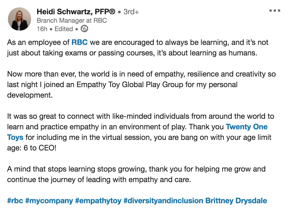 What a BEAUTIFUL testimonial from Heidi Schwartz, branch manager at <a href="/RBC/">RBC</a> who attended our <a href="/21Toys/">21Toys</a>  Online #EmpathyToy Global Play Sessions this week ✨