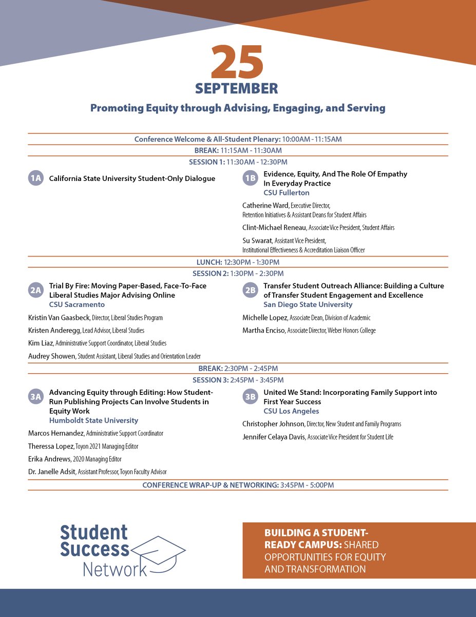 CSU_SuccessNet's tweet image. Today commemorates our first #CSUStudentSuccess Network conference! Our conference welcome and student plenary commences at 10:00 am PST. Thank you to everyone registered. We look forward to seeing you soon! 

View abstracts here: bit.ly/CSUSSNschd1

#CSUStudentSuccess2020