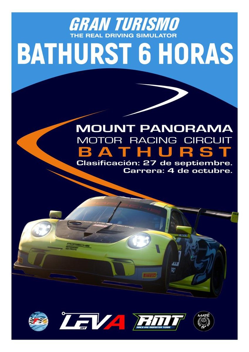 #CF1Virtual 🇦🇷 #B6Hr

Se vienen las 6 horas en <a href="/MtPanCircuit/">Mount Panorama</a> 🇦🇺 de <a href="/thegranturismo/">Gran Turismo</a> organizada por <a href="/leva_team/">LEVA SimRacing Team 🇦🇷</a> #RMT y <a href="/mategtesports/">Exmategt</a>. La modalidad será con 3 pilotos por equipo.

Cronograma:
✅ PreQ 27/9
✅ Q 3/10
✅ Carrera 4/10 (desde las 14:00 hs 🇦🇷)