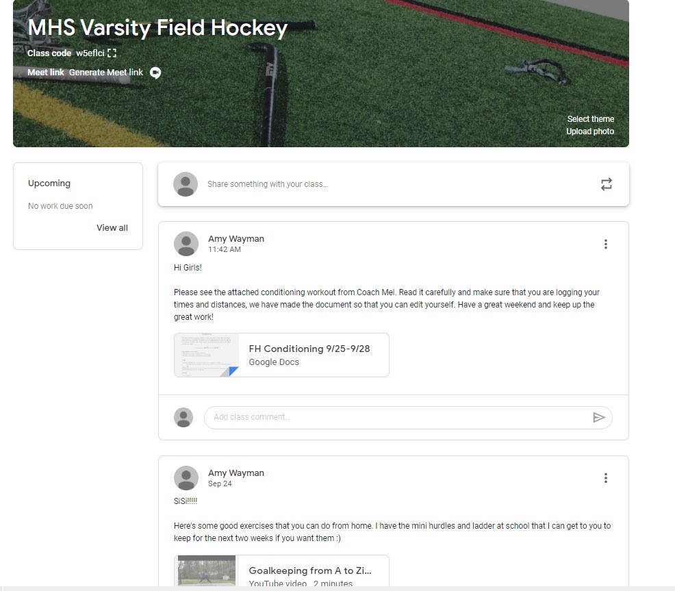 MsWaymanMHS's tweet photo. We may not be able to be out on the field together right now, but we can still keep the momentum going! MHS Field Hockey check google classroom for remote workouts!! @Jrudzinsky @MPSPanthers https://t.co/zmIyuuzhx6
