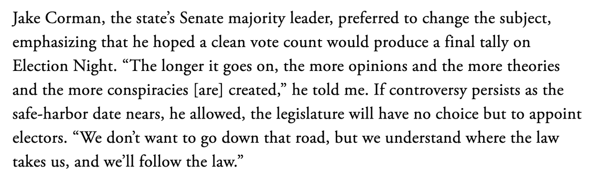 Many people have focused on the fact that Gellman got the chairman of the PA Republican Party to say that appointing pro-Trump electors is a possibility But the PA Senate GOP leader went on the record and did not endorse the idea.