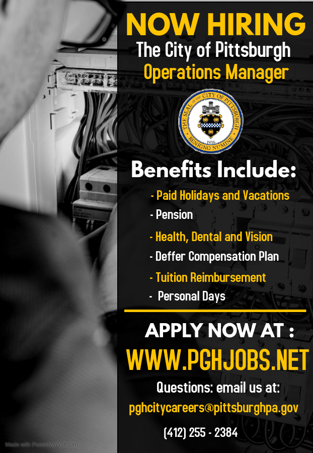 Do not miss out on this once in a lifetime opportunity!

Have  experience  developing, implementing  and managing a department-wide program for the optimized use of right-of-way in the City of Pittsburgh?

Then apply today, go to PGHJOBS.NET before 5 Oct at 4 PM