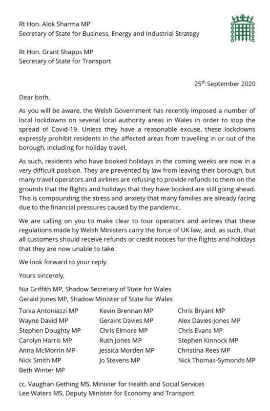 Further to my question to the Prime Minister earlier this week, today I joined  <a href="/NiaGriffithMP/">Nia Griffith MP</a> &amp; colleagues in calling on the Government to send a clear message to holiday companies that local lockdown regulations in <a href="/CaerphillyCBC/">CaerphillyCBC</a> and @MerthyrCBC carry the full force of UK law.