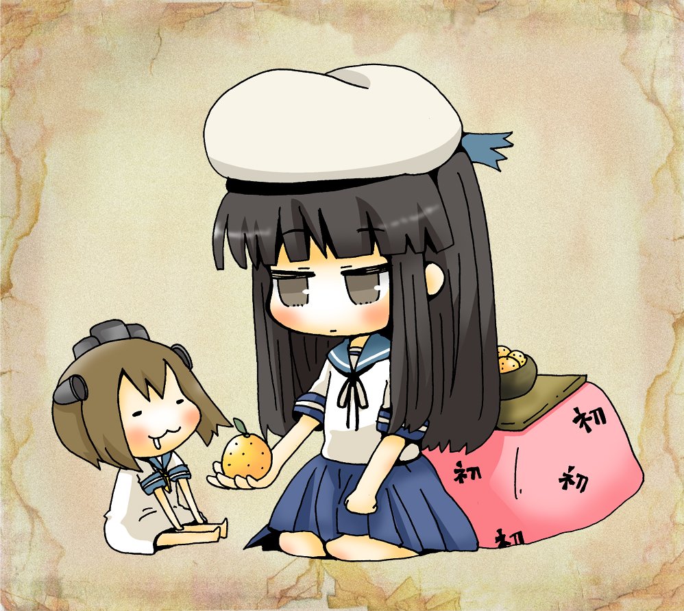 hatsuyuki (kancolle) ,yukikaze (kancolle) long hair school uniform serafuku food fruit 2girls skirt  illustration images