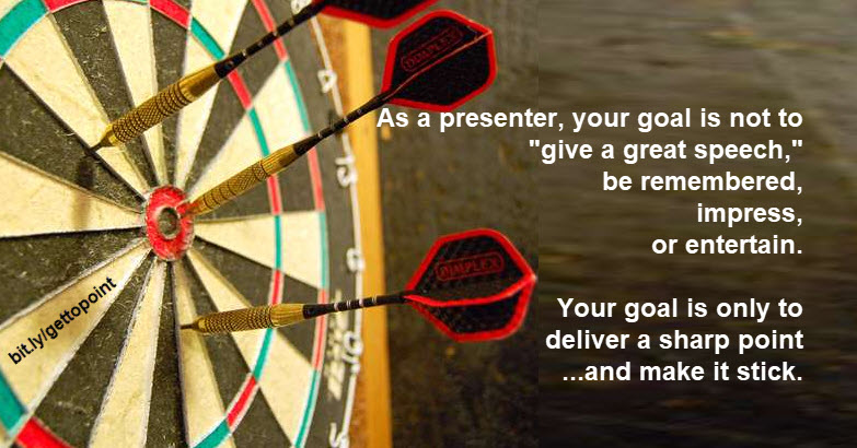 When you focus on making a point versus "giving a speech," the task of #publicspeaking becomes so much easier: 
Identify the target. 
Aim toward the target.
Hit the target. 
Nothing else matters as much.
(How to make a point: bit.ly/joelpoint)