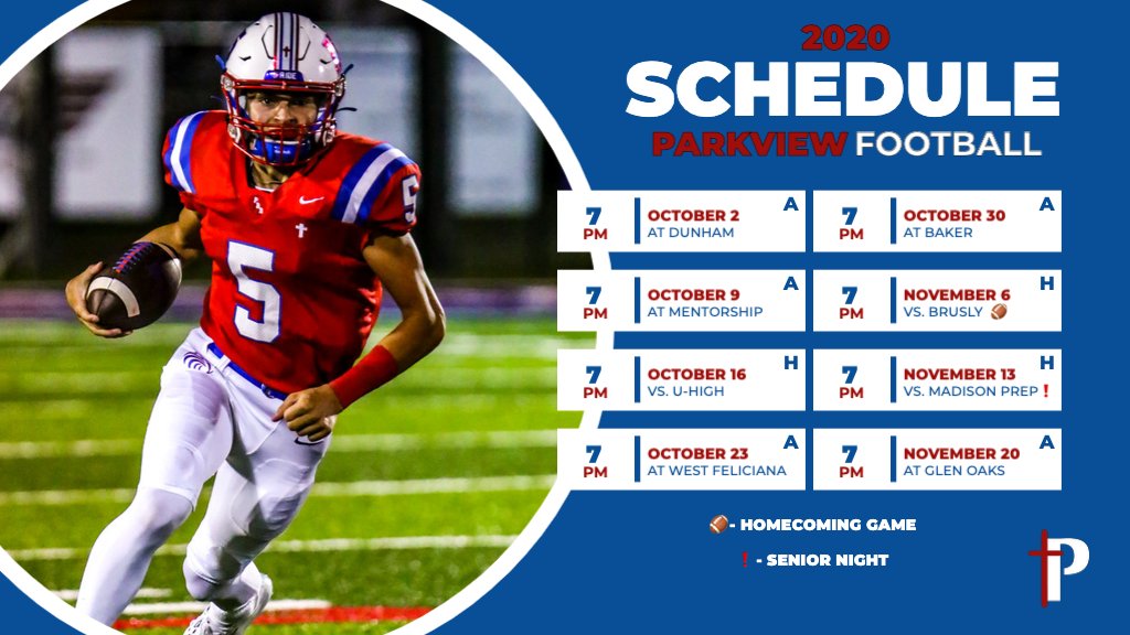 PBSAthletics's tweet photo. Only 1⃣ week left till the start of the 2020 football season ‼️

The Eagles 🏈 team hosts Port Allen in a scrimmage tonight to wrap up preparations. 

Here is a look a the schedule for this year. 👀

#ParkviewProud ✝️ #ParkviewStrong https://t.co/7YB4mz3nZq