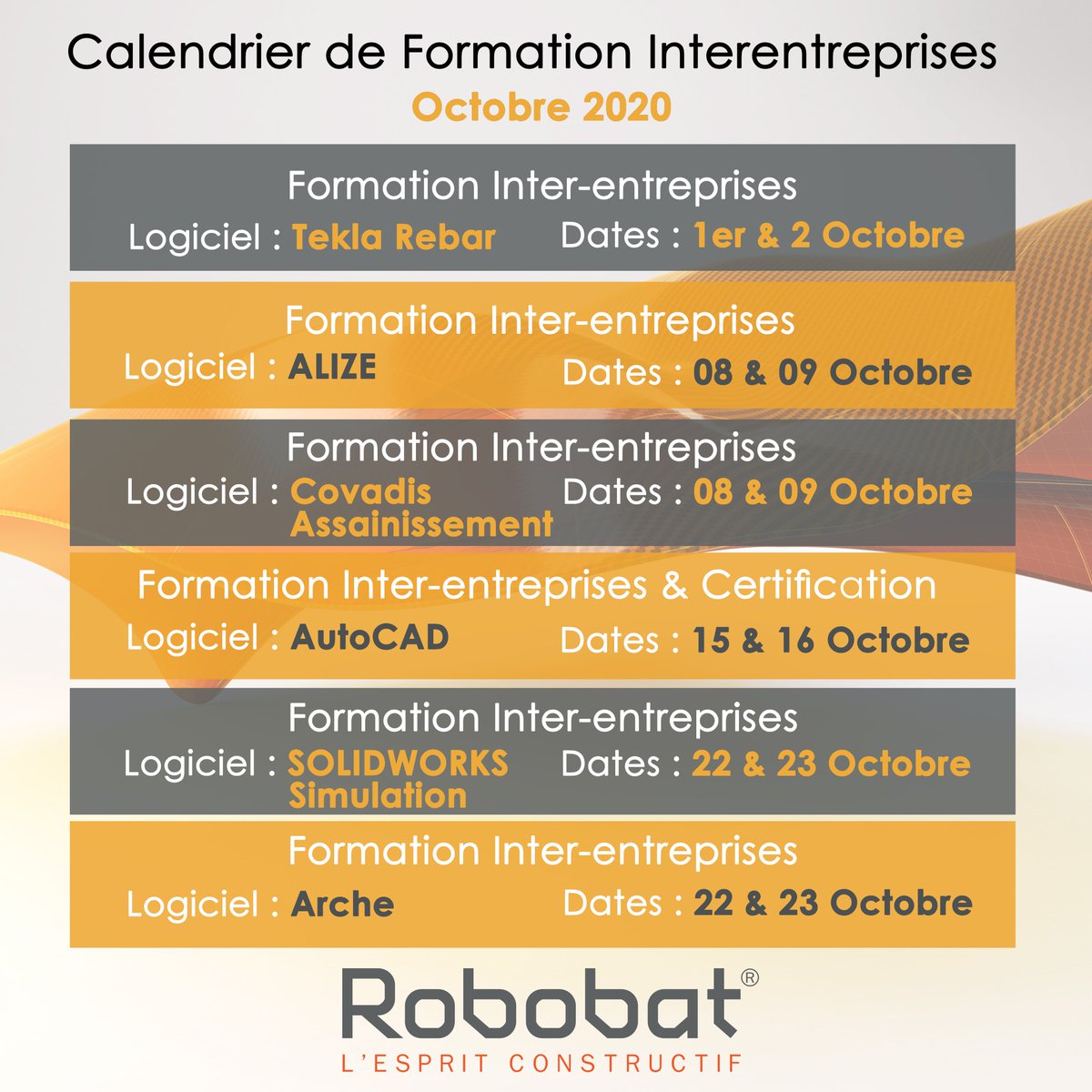 Robobat_Maroc's tweet photo. 📅[#AGENDA #DES #FORMATIONS #INTERENTREPRISES #OCTOBRE2020]

#ROBOBAT #VOTRE #PARTENAIRE #BIM #CAO #EN #AFRIQUE

Pour toute inscription, merci de nous contacter :

🌐 formations@robobatmaroc.com
☎️ +212 5 22 31 59 60 https://t.co/6fdnj7hQ8I