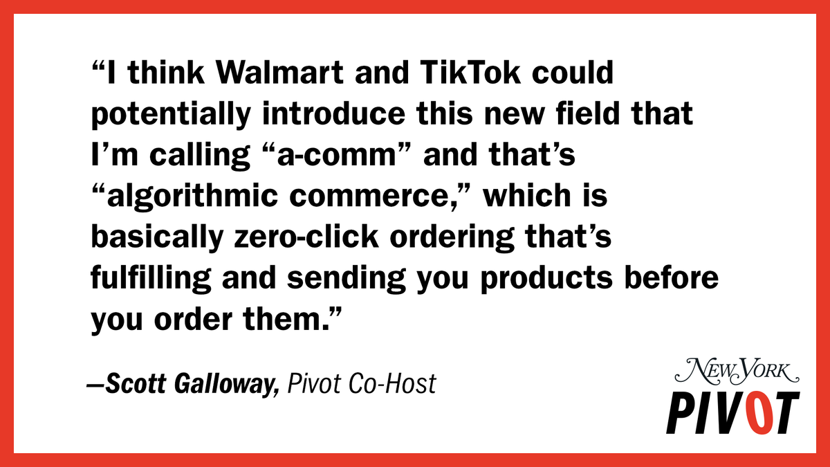 What if Walmart could deliver all of your groceries without you ever ordering them? @profgalloway predicts that a partnership between Walmart and TikTok could usher in the future of what he calls “a-comm” or algorithmic commerce. Listen to Pivot: apple.co/2S0GFQQ