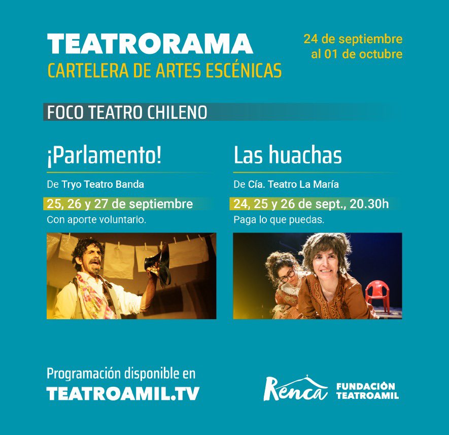 CulturaRenca's tweet photo. No te pierdas la programación de teatro chileno que @fundteatroamil tiene para todos y todas durante esta semana. Solo debes ingresar a https://t.co/R7rbRmS9SS y podrás disfrutar del talento de estas grandes compañías nacionales.
#Teatrorama #QuedateEnCasa @cn_castro @Muni_Renca https://t.co/02MzDY468N