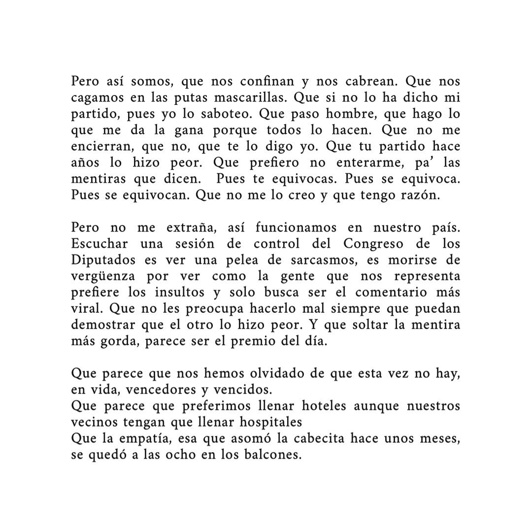 martaaspei's tweet photo. ✍🏼 
Hubo un tiempo en el que, aun con la dureza de la situación, nos emocionábamos a diario y nos sentíamos más unidos que nunca. Hubo un tiempo, solo un tiempo, en el que podía parecer real. 

Pero todo acabó. Y salimos a la calle. Y nos volvimos a vestir de egoísmo. https://t.co/yd5UV132h6