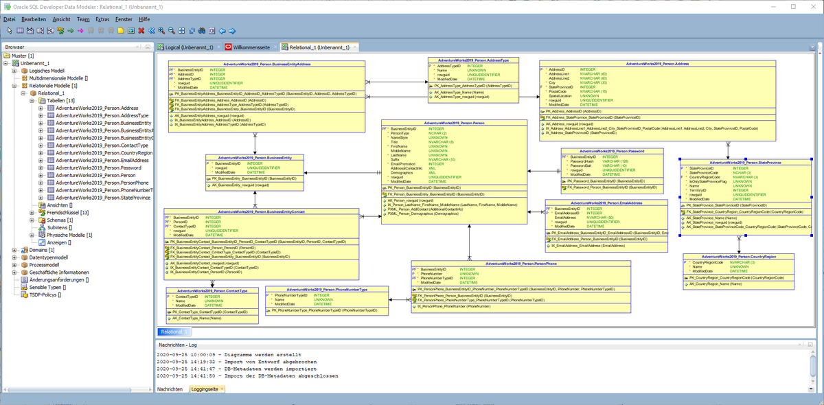 FriedholdMatz's tweet image. Checked re-engineering of the demo schema AventureWorks2019 on MSsqlServer with #Oracle's #DataModeler
ER #DataModeling - I like the Barker layout - is great !