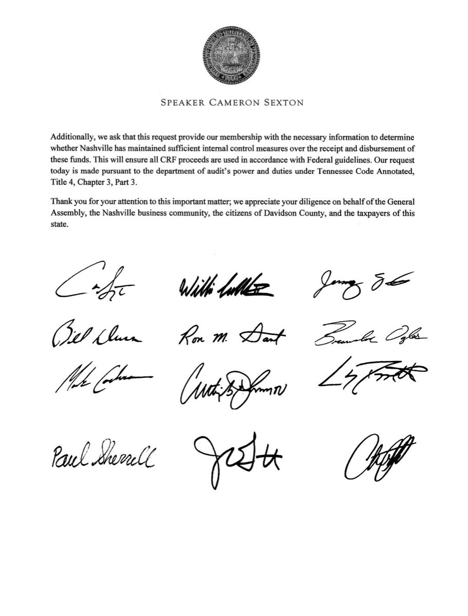 Vivian_E_Jones's tweet photo. BREAKING: TN House Leadership has requested @TNCOT Comptroller Justin Wilson to conduct a “thorough review” of the City of Nashville’s use of $121 million in federal relief funding. https://t.co/SUc8YWliX0