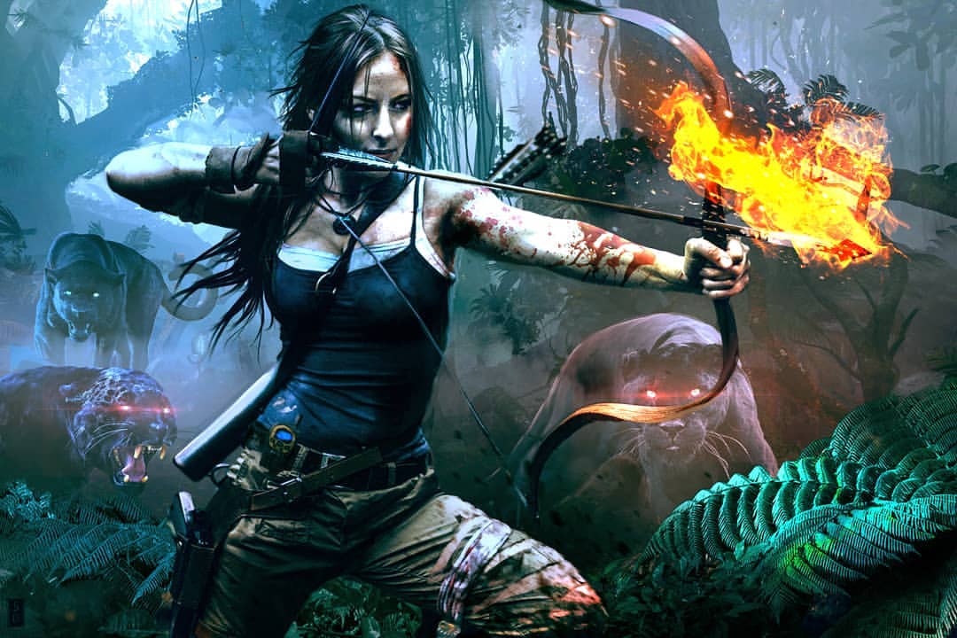 A cosplay of reboot Lara Croft drawing a fire bow on her quiver. She is in a jungle at night time with panthers lurking behind her.