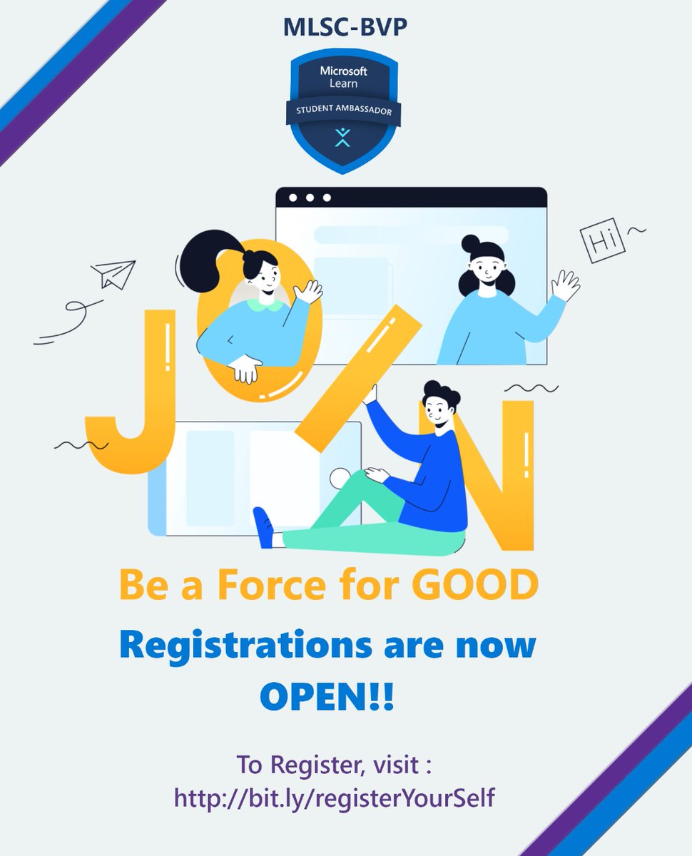 MlscBvp's tweet photo. Greetings! We present to you the Microsoft Learn Student Clubs(MLSC), BVP community! 🔥
This community is for those who want to dive deeper into the depths of technology. If you have the zeal to learn something new, you're welcome to join us. ✨
https://t.co/7qI2ACkEPY https://t.co/kcSyYjocWS