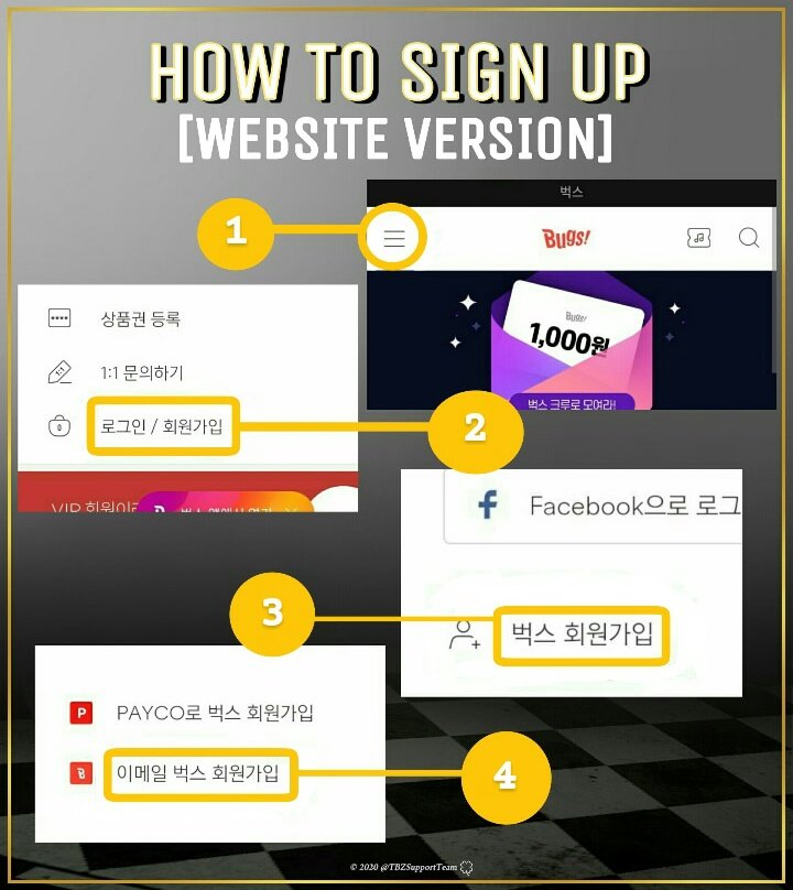  If using wifi make 5-6 accounts only per hour. Bugs sometimes blocks accounts you have made with the same IP Address. Use/Install VPN For Website Go to  http://music.bugs.co.kr  or on phone's browser Follow photo로그인 - LOG IN로그 아웃 - LOG OUT