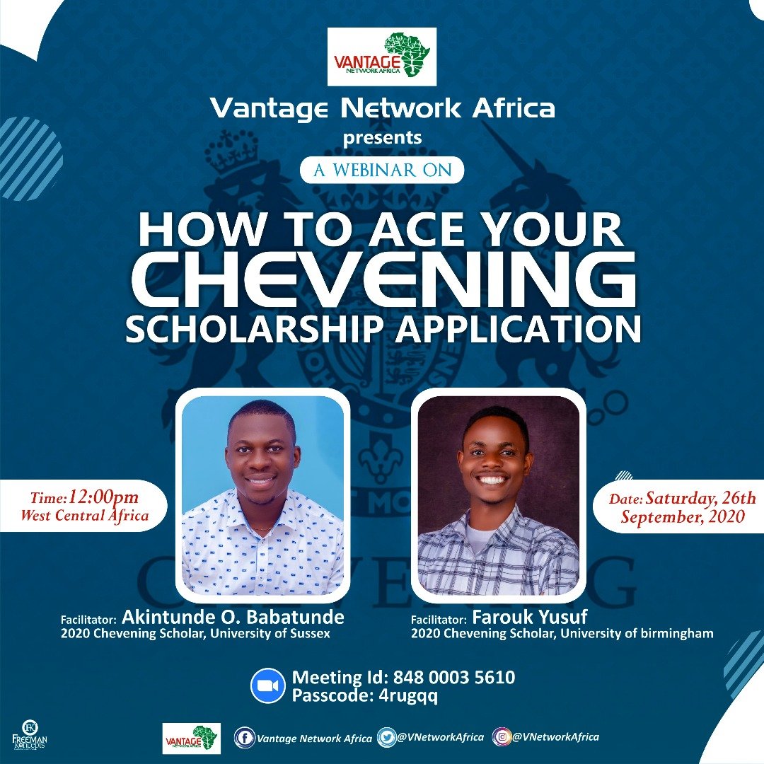 Two of the 2020/2021 chevening scholars will be hosting a zoom meeting tomorrow. @olorunwababs and @faroukyusuf_ please join them for everyone who wants to bag the chevening scholarship next year 💃🏿💃🏿💃🏿🇬🇧🇬🇧🇬🇧
