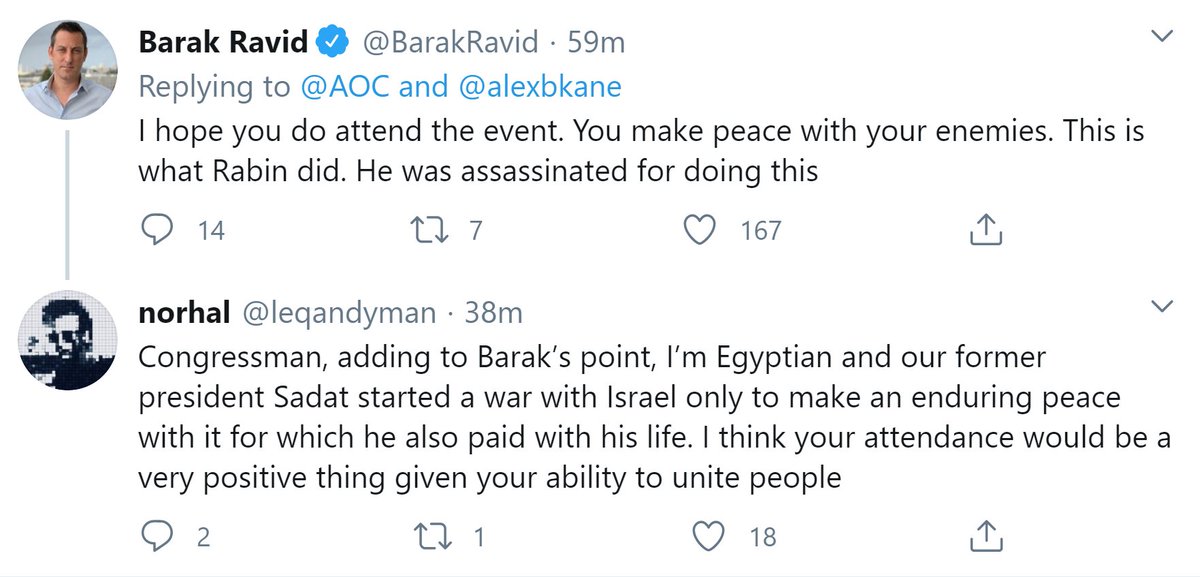 I'll give the last word to a progressive Israeli and Egyptian. You don't make peace between friends; you do it by converting former enemies. That's the whole point of diplomacy, the entire ethos of progressive foreign policy, and what Rabin died for—and it deserves to be honored.