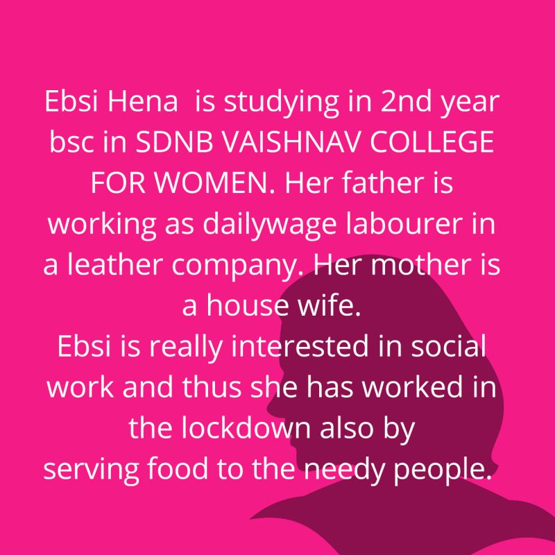 Rise4Girl's tweet photo. 2\3 We are proud to announce that our program is successful in encouraging social service among the girls who we help through scholarships!EBSI HENA is studying in 2nd yearBsc in SDNB VAISHNAV COLLEGE FOR WOMEN. Her father is working as a dailywages labourer in a leather company. https://t.co/9au2rvzV83