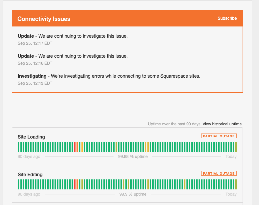 Currently building two sites in <a href="/squarespace/">Squarespace</a> and everything is down. Last I compared, #Squarespace was my best option but this is not cool.