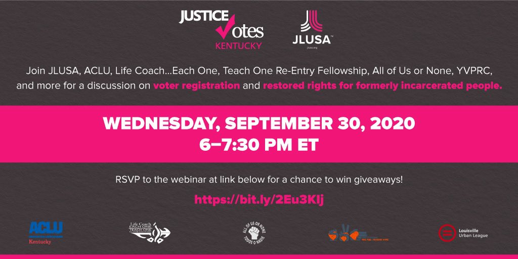 There’s are still many Kentuckians who don’t have a right to vote. We will discuss restoration of voter rights and talk about those whose rights were restored. Let our people vote!! #justicevotes #justicevotesky #jlusa
