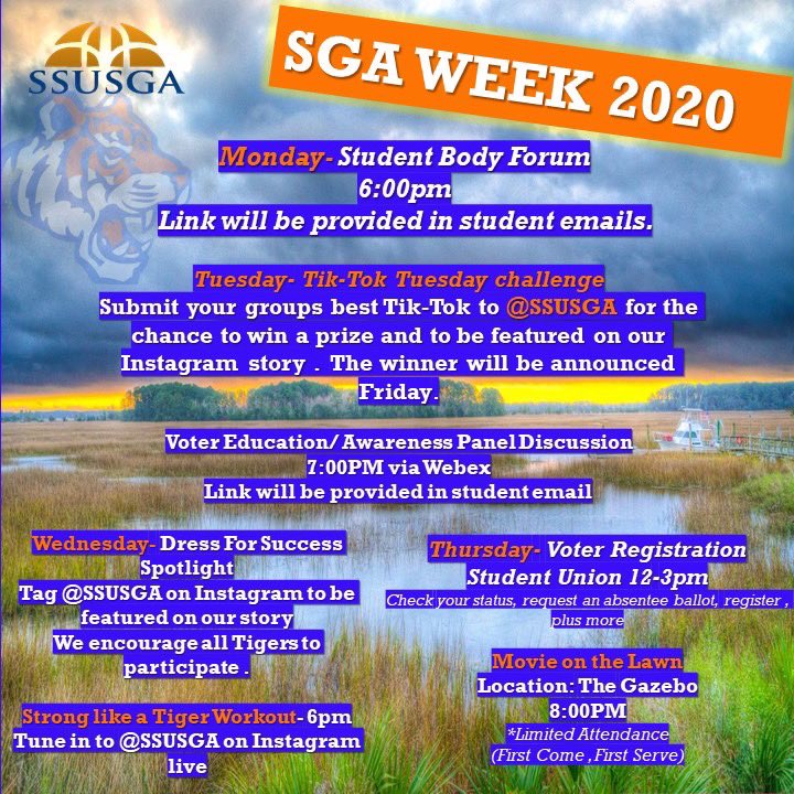 SSUSGA1890's tweet photo. Hey Tigers π , you know we aint come to play. SSUSGA presents a week filled with engaging and informative activities. Get ready, itβs SGA Week 2020 π
!! #SSU #SSUSGA β
https://t.co/83esG7chut