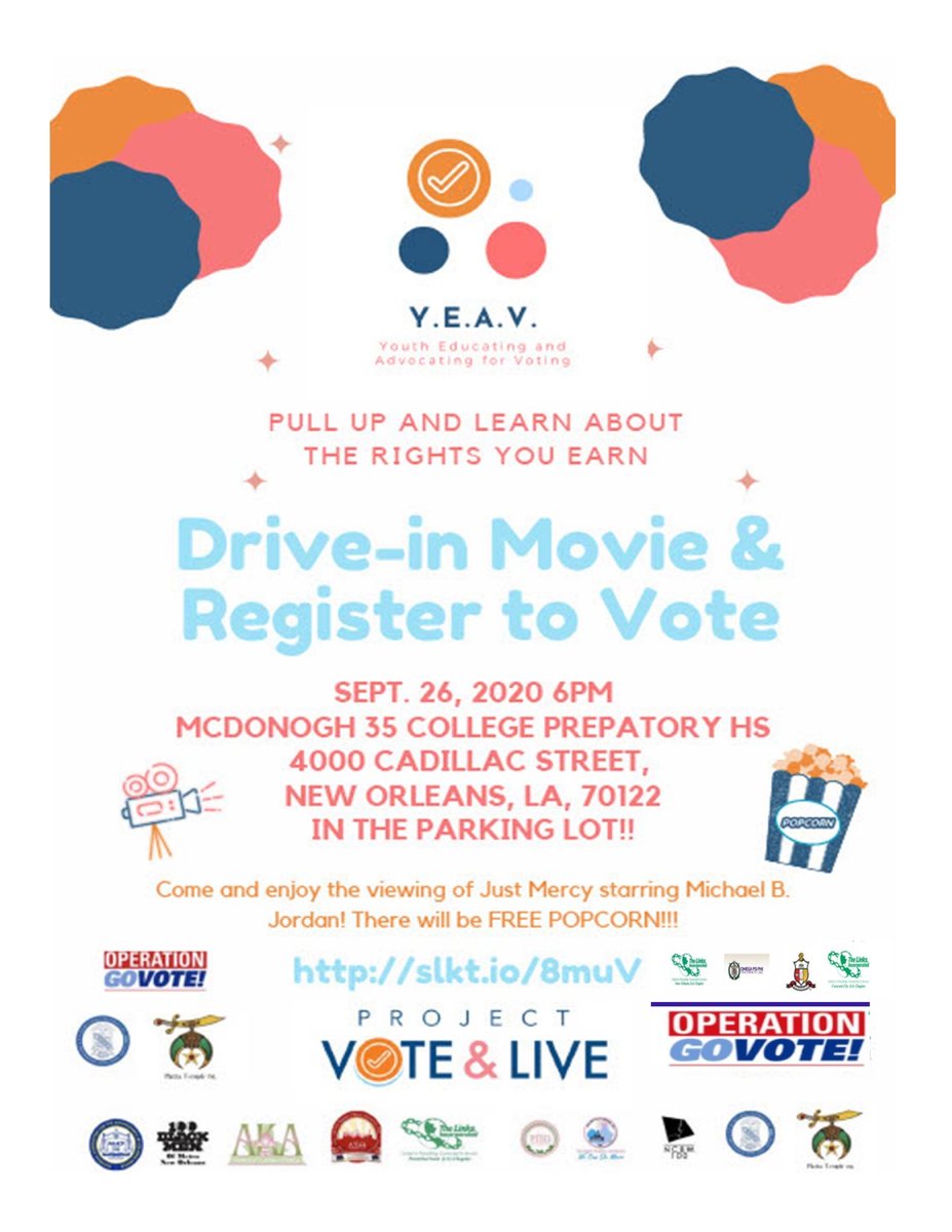 This Saturday, register to vote and watch Just Mercy in a drive-in movie setting with #100BlackMenNOLA and #ProjectVoteandLive #YEAV #OperationGoVote2.0