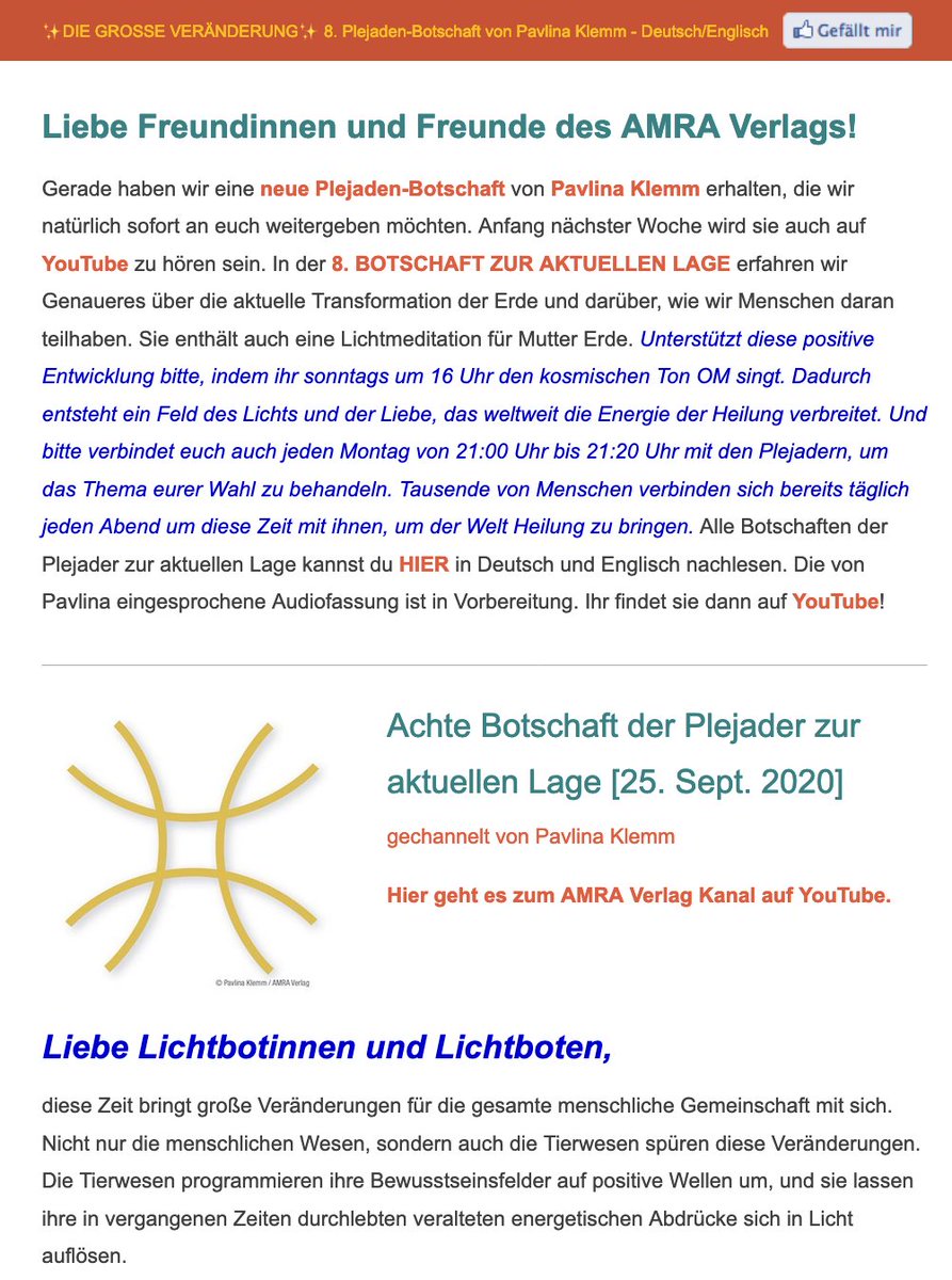 MichaelNagula's tweet photo. @MichaelNagula 💥NEU! 😍ACHTE BOTSCHAFT DER PLEJADER ZUR AKTUELLEN LAGE! ✨Von PAVLINA KLEMM✨ Bitte unbedingt teilen!✨ Nachzulesen im aktuellen Newsletter auf https://t.co/6eDkRiOJhw

#channelingkongress2020 #dieplejader #PavlinaKlemm #amra https://t.co/Sa22csPTnO