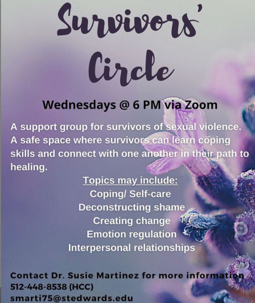 ItsOnUsSteds's tweet photo. Check out the HCC Survivors’ Circle! Wednesday at 6pm on Zoom. Dr. Susie Martinez will be meeting with students before the group starts to ensure the group feels like a good fit. Their first meeting will be next week, but you can join after the first meeting. https://t.co/0Azs4ZcFSX