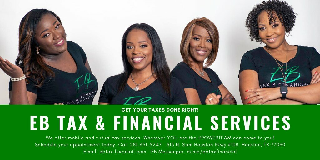 ErseletteBaxter's tweet photo. Dependable &amp; Knowledgeable!!! Wherever YOU are the #POWERTEAM can come to you! Schedule your appointment today. Call 281-631-5247 Email: ebtax.fs@gmail.com / FB Messenger: https://t.co/LRDHYbPljs https://t.co/YndkNjUFj0