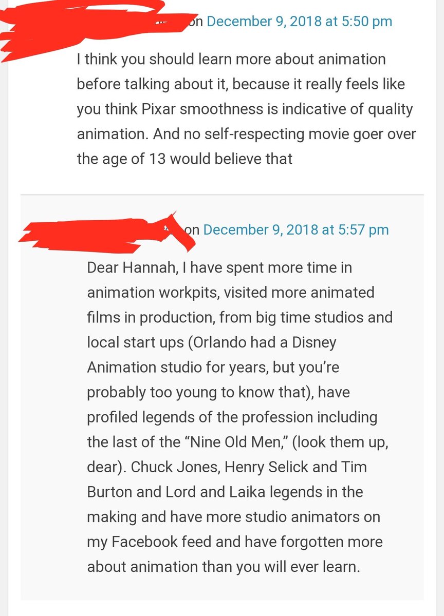 Animation_Takes's tweet image. Someone’s comment on the review and the reviewer’s response. Obviously the reviewer is the one with the bad take here