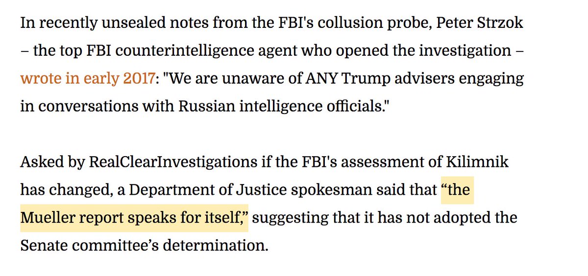 I just wrote about the large gap between the FBI's info about Konstanin Kilimnik and the Senate Intel Committee's claim that he's a Russian spy here: ( https://www.realclearinvestigations.com/articles/2020/09/21/analysis_that_senate_collusion_report_has_no_smoking_gun__but_it_does_have_a_fog_machine_125229.html). Worth noting a DOJ spox told me that "the Mueller report speaks for itself."