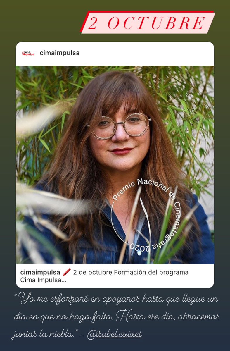 🖍 2 de octubre 👉Formación del programa Cima Impulsa

🔴 La directora de cine Isabel Coixet, Premio Nacional de Cinematografía 2020, se suma al equipo de #CimaImpulsa de <a href="/CIMAcineastas/">CIMA - Asociación de Mujeres Cineastas</a> para hablar con las profesionales seleccionadas y con las socias de #CIMA