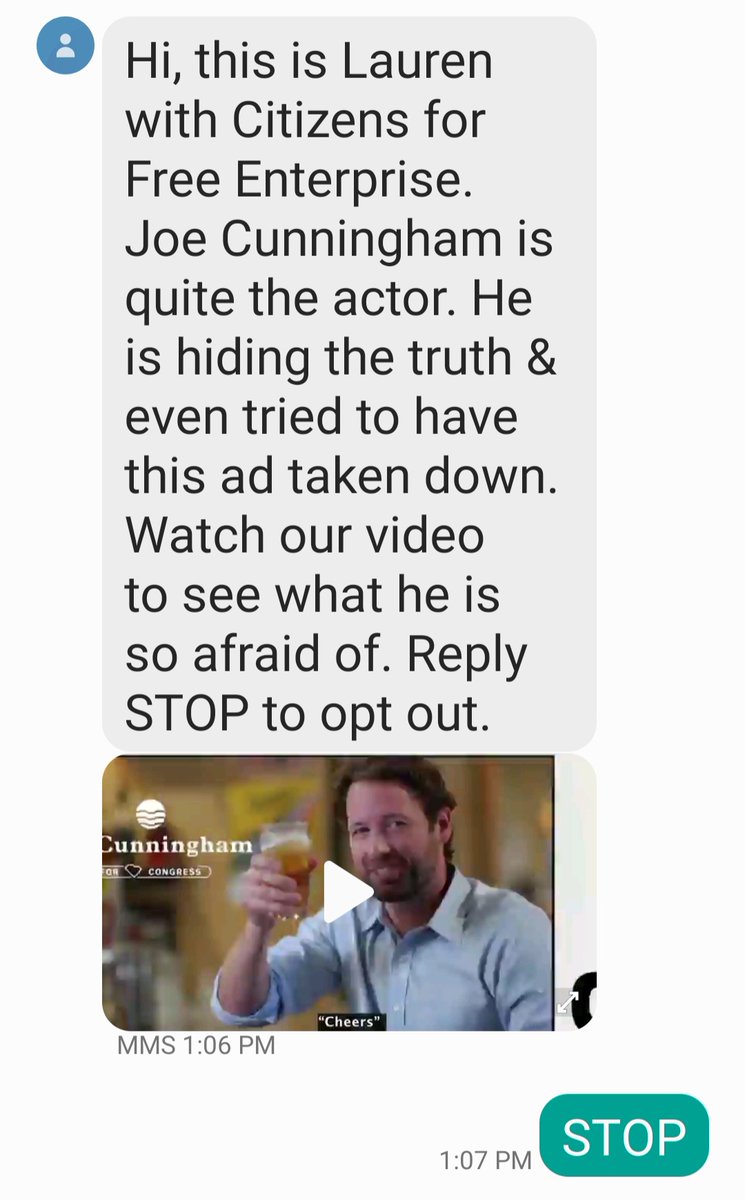 Not sure how Lauren got my number, but she picked the wrong person to text. I voted for @JoeCunninghamSC in 2018 and plan to do so again this year. Just thought y'all might like to see what they are up to. #Vote