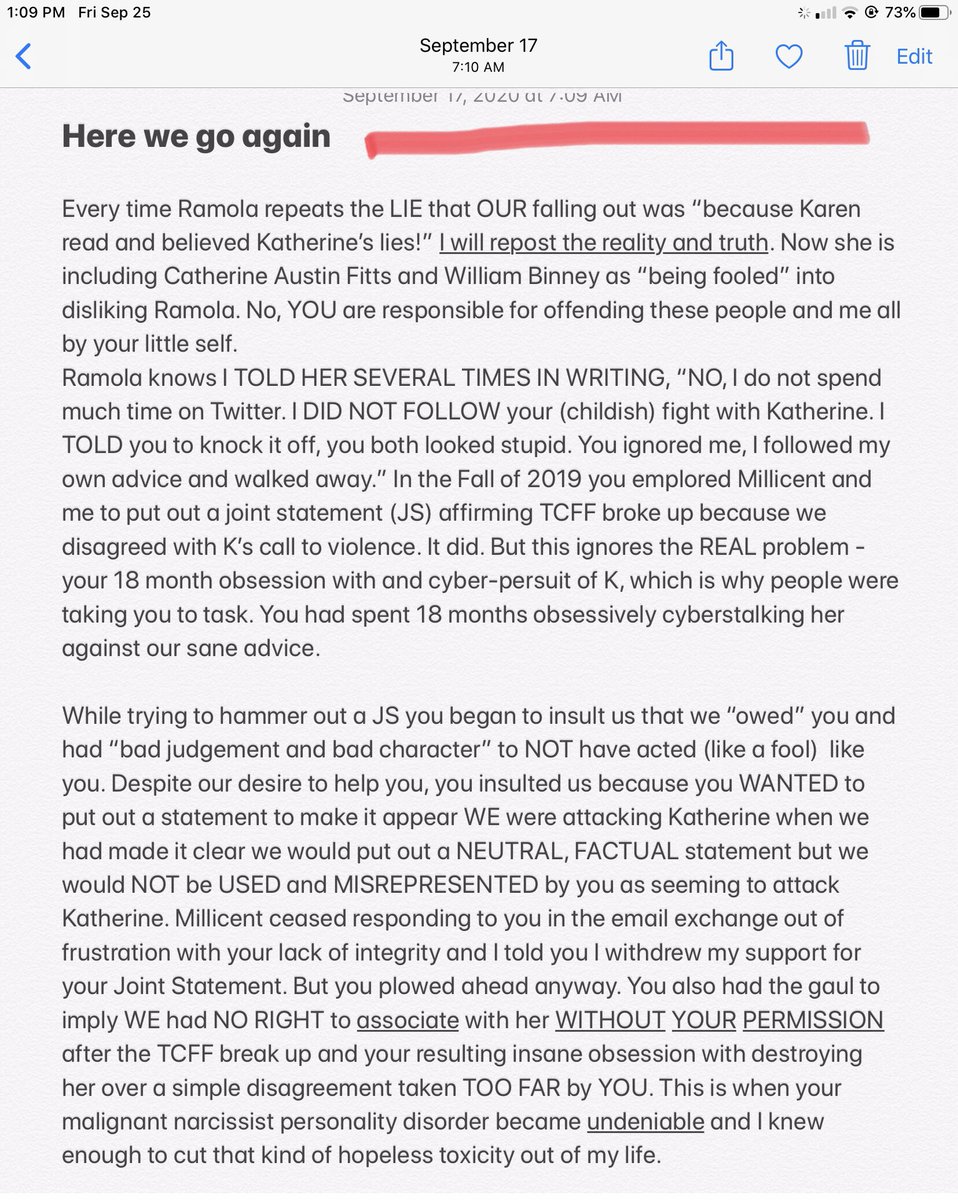 karen_kams56's tweet photo. The sane can ignore this post. #DaileyReminder of truth for #UnhingedHarpiesofHavoc @EccEveryDay @TI_Investigator @EquestrianBree #RamolaD says the very same account I have given for the last YEAR for why her obsession with K.H. drove me away “changes all the time”. Day 7 - 357 https://t.co/rqR8WXtZGh