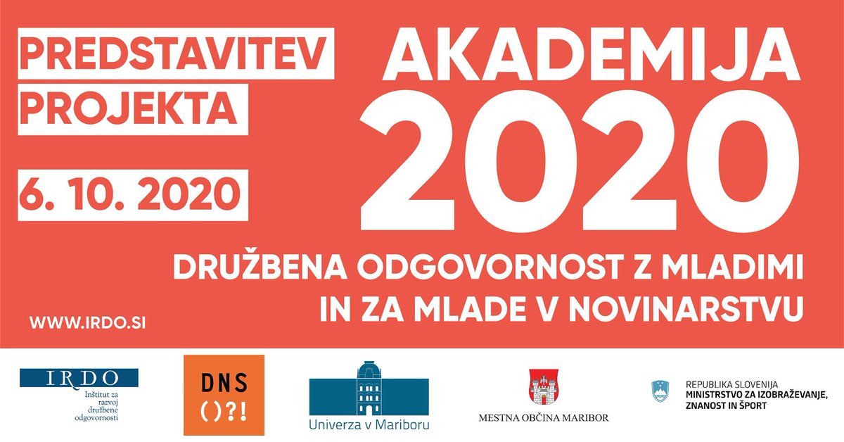 IRDOInstitute's tweet photo. @IRDOInstitute skupaj s partnerji,@novinarSI in Univerzo v Mariboru, v letu 2020 izvaja projekt Akademija 2020 – družbena odgovornost z mladimi in za mlade v novinarstvu. Predstavitev projekta bo 6. oktobra 2020, med 10. in 12. uro v postorih UM. 🎓Več na https://t.co/P22Ra9FpiR. https://t.co/y19oDCQREm