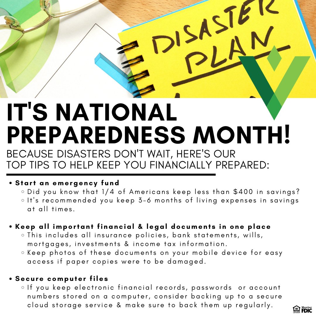 VallianceBank's tweet photo. It's #NationalPreparednessMonth! Here's our top tips to make sure you are financially prepared when an emergency strikes. If we’ve learned anything in 2020, it’s to expect the unexpected. We'd love to help you open a savings account &amp; talk through your emergency plans! #vbank https://t.co/sUQmswlP3B