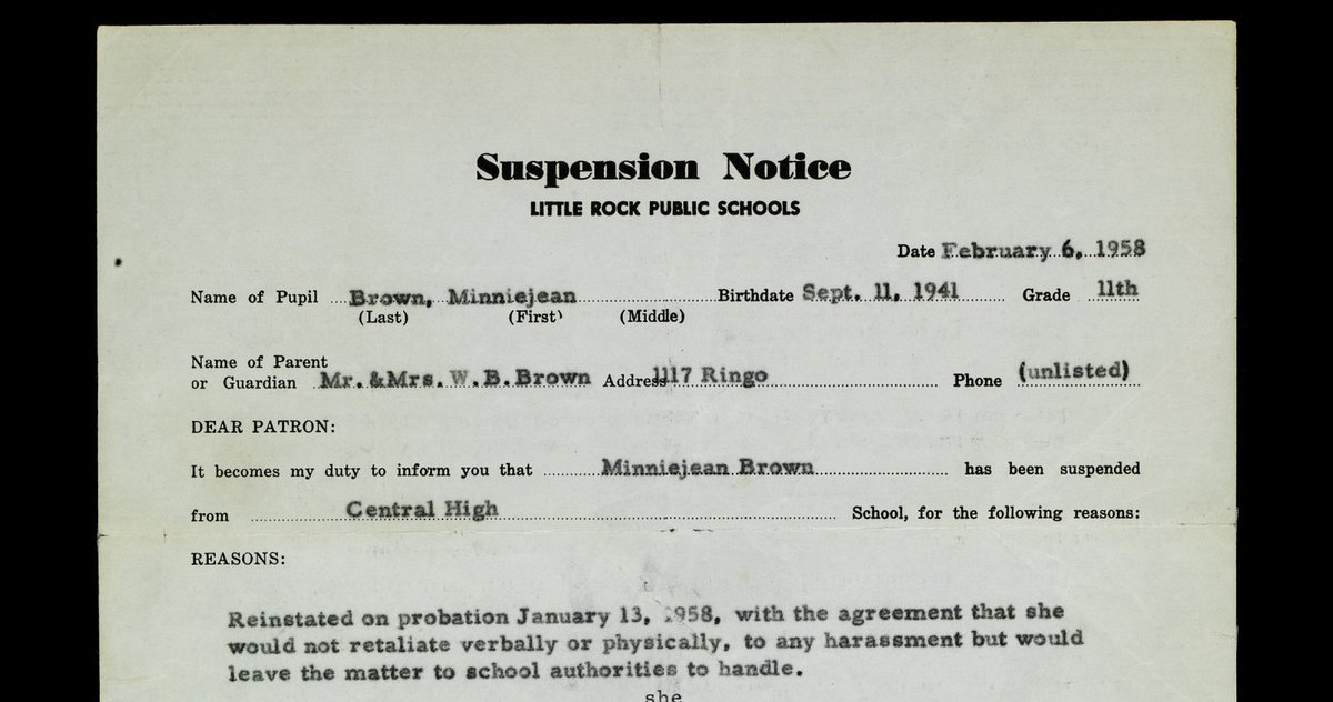 Minnijean Brown-Trickey, one of the nine, was terrorized by some white students: punched, shoved, and kicked in hallways. When she stood up for herself, she was suspended, then expelled.Her suspension note, transcribed by our  @TranscribeSI  #volunpeers:  https://transcription.si.edu/project/23313 