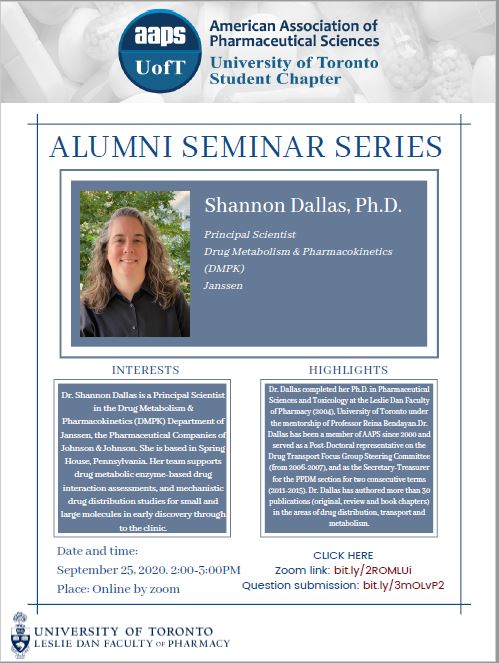 aapsuoft's tweet photo. Please join us today at 2:00 PM for our alumni series session with Dr. Shannon Dallas!
 Zoom link: https://t.co/ArZIHkDSZf
Question submission: https://t.co/0EgSdmnx8Y
@uoft_psgsa  @UofTPharmacy https://t.co/vGmUkhA44k