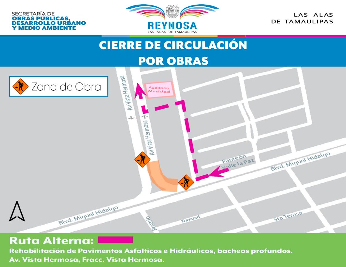 AVISO: Les informamos del cierre de circulación por obras de rehabilitación de pavimentación asfáltica e hidráulica, favor de tomar ruta alterna.