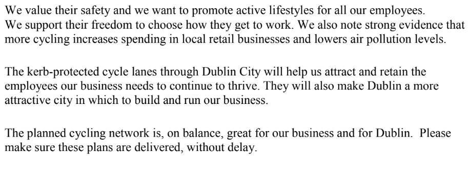 The CEO of <a href="/BTinIreland/">BT Ireland</a> writes to <a href="/EamonRyan/">Eamon Ryan</a> and Anne Graham, CEO of NTA (<a href="/TFIupdates/">Transport for Ireland</a>) joining over 100 executives calling for safer infrastructure to be delivered, for his team and for a better city.
Thank you Mr. Walsh!